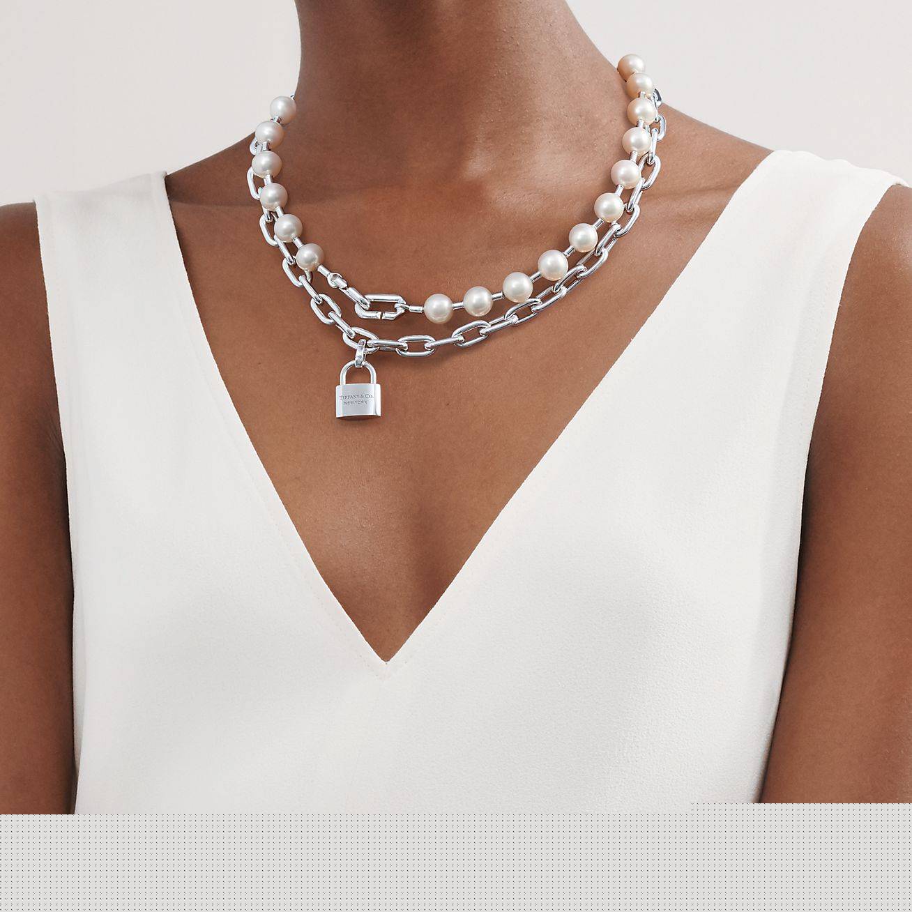 T*f*ny hardwear pearl lock necklace in silver, 9-10 mm