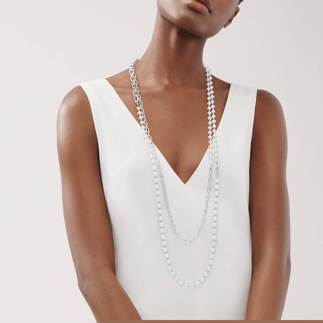 T*f*ny hardwear pearl wrap necklace in silver, 7-8 mm