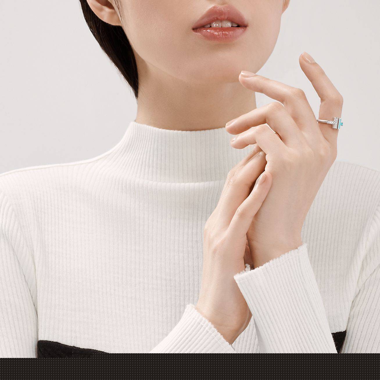 T*f*ny t diamond and turquoise wire ring in 18k white gold