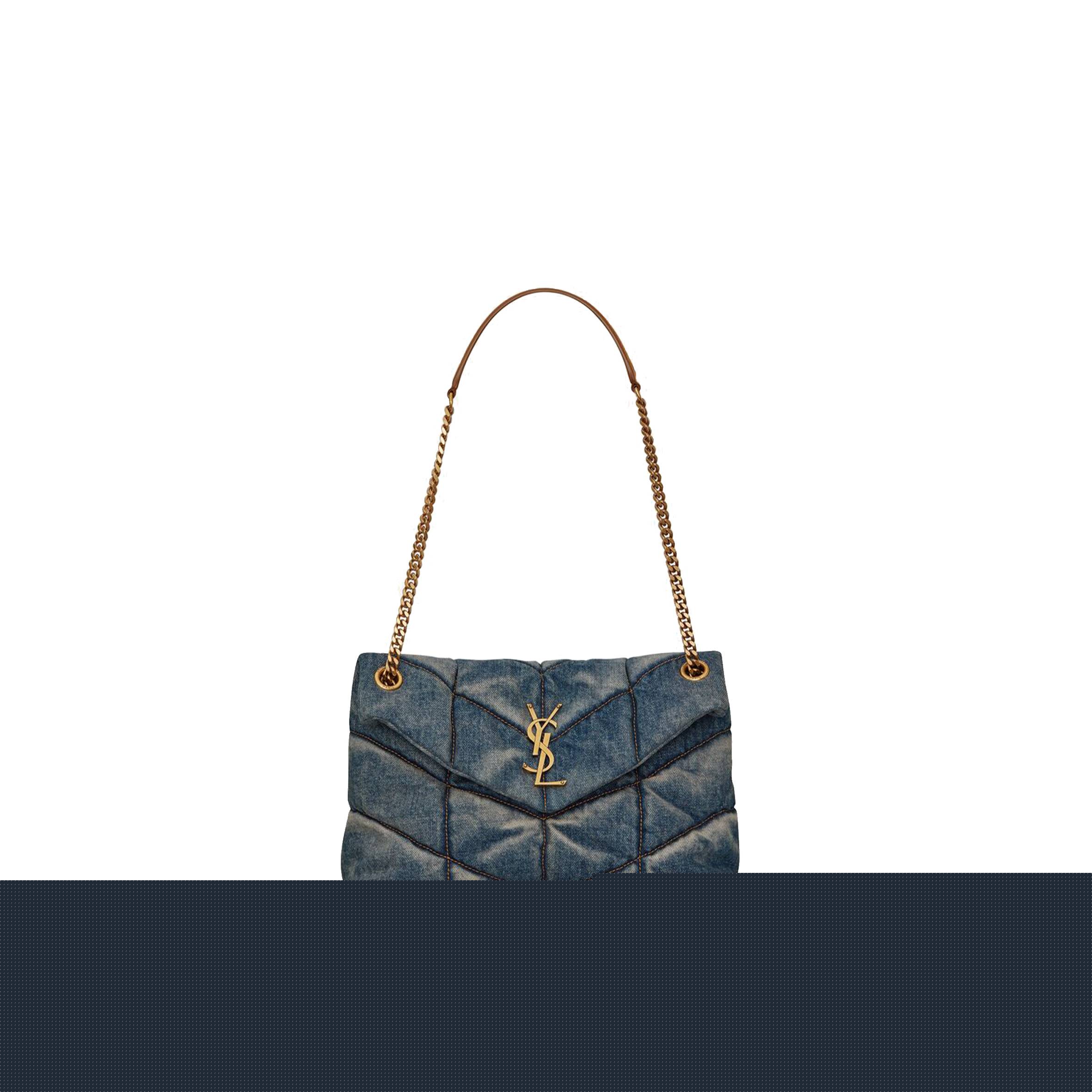 YSL PUFFER SMALL CHAIN BAG IN QUILTED VINTAGE DENIM AND SUEDE 5774762PT674575 (29*17*11cm)