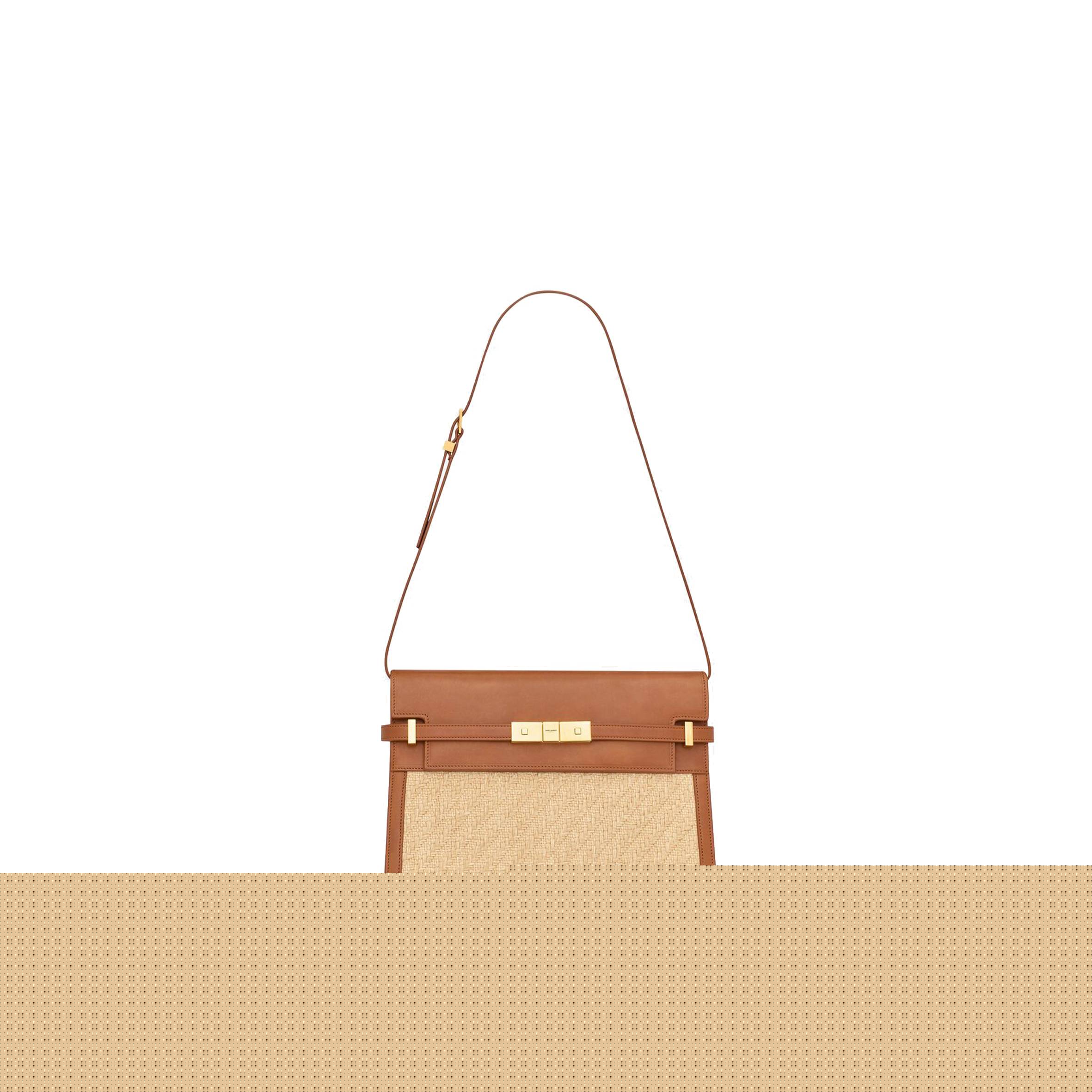 YSL MANHATTAN SHOULDER BAG IN RAFFIA AND VEGETABLE-TANNED LEATHER 579271FAA7D9783 (29*20*7.5cm)