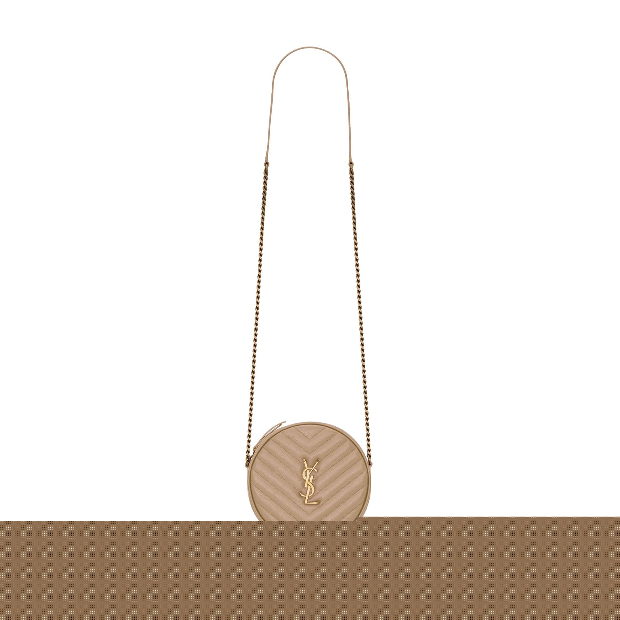 YSL VINYLE ROUND CAMERA BAG IN CHEVRON-QUILTED GRAIN DE POUDRE EMBOSSED LEATHER 6104361GF072721 (17*17*5.5cm)