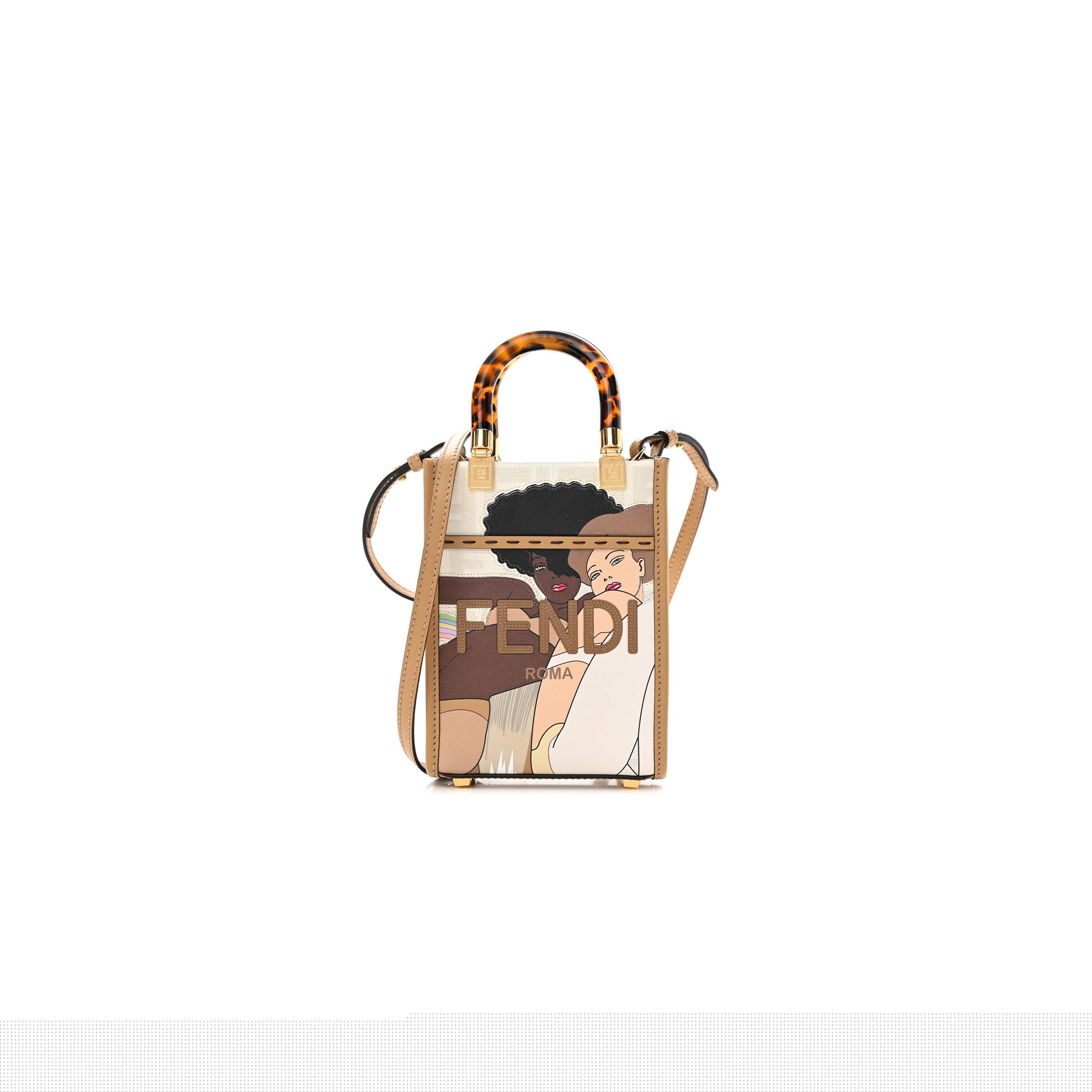 F**di glazed fabric plexiglass ff logo bikini girls mini F**di sunshine shopper tote bianco perla multicolor miele scuro (18*13*5cm)